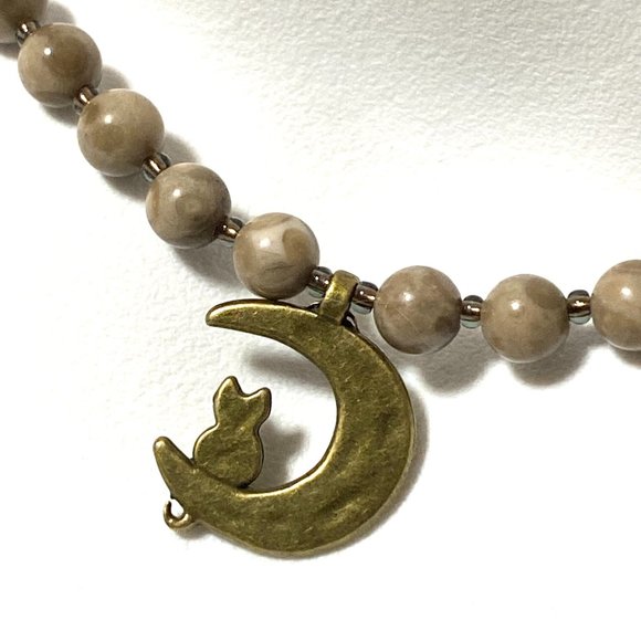 Earthy Agate Bronze Cat on the Moon Necklace, Genuine Gemstone Beaded Necklace - Picture 1 of 11